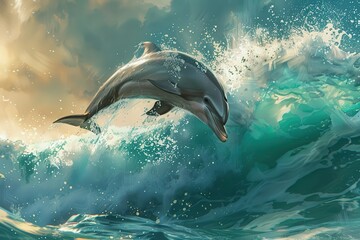 Fototapeta premium dolphin jumping out of water dynamic aquatic scene digital painting