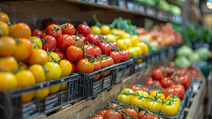 A vibrant display of tomatoes at a greengrocer's shop, emphasizing the retail and consumer aspect of British Tomato Fortnight festivals