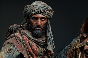 Obraz premium Intense portrait of a weathered desert nomad in traditional attire with his loyal horse