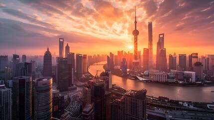 Shanghai Skyline at Sunrise with Towering Buildings and a Glowing Sky