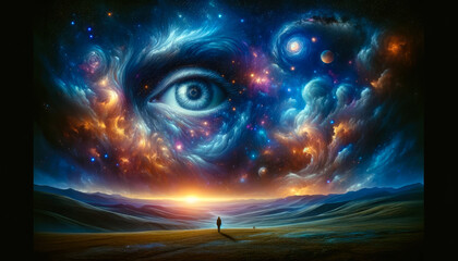 Surreal Cosmic Vision with Giant Ethereal Eye in the Sky, Visionary Dreamer with Third Eye Open, Exploring Otherworldly Realms, AI Generated.	
