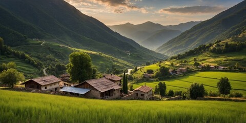 Obraz premium A tranquil scene in a valley with green fields and scattered houses surrounded by mountains at sunset