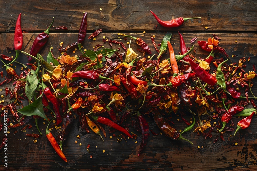 Aufkleber A rustic wooden surface adorned with a vibrant mix of fresh and dried chili peppers, creating a captivating display of colors and textures. Generative AI