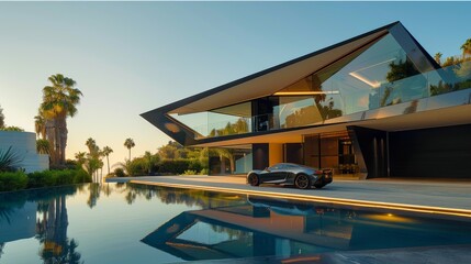 Fototapeta premium 4-story house underground parking metallic glass modern furniture, exterior, luxury. Generative AI.