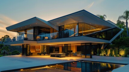 Obraz premium 4-story house underground parking metallic glass modern furniture, exterior, luxury. Generative AI.