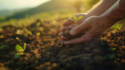Fototapeta premium Hands Nurturing Seedling at Sunrise in Vibrant Field of Young Plants