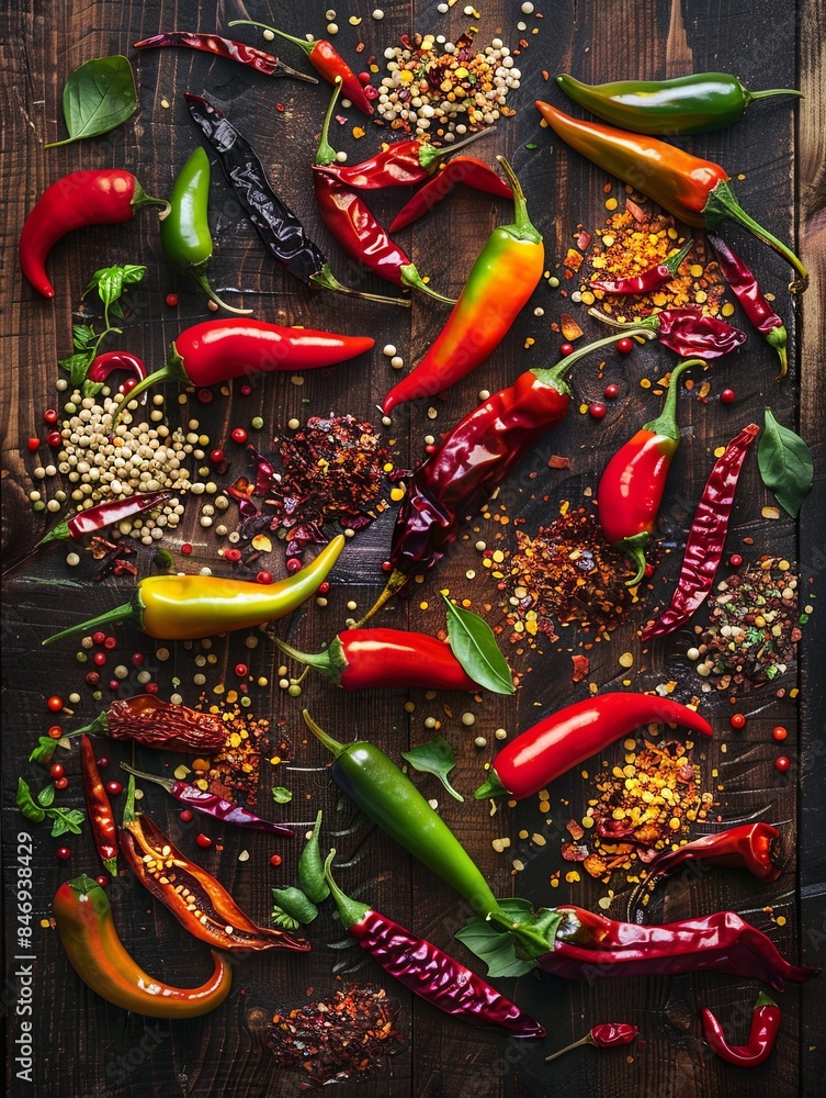 Poster a variety of fresh and dried chili peppers are spread out on a rustic wooden surface, along with var