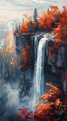 Aerial View of Waterfall from Observation Deck during Sunrise in Autumn