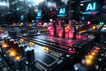 AI motherboard with colorful lights, digital art, technology innovation, artificial intelligence, high tech visuals, cyber theme, modern design