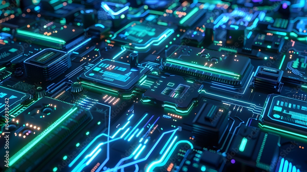 Poster a futuristic circuit board design with glowing elements, representing advanced technology and innova