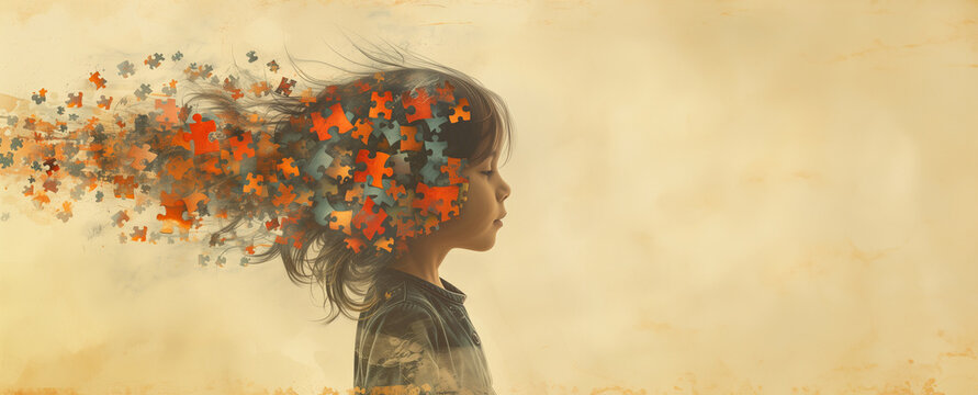 ADHD awareness month october, attention deficit hyperactivity disorder, mental health, mind of a child with colorful jigsaw or puzzle pieces 