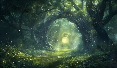Fantasy forest with a magical tunnel made of trees, a fantasy landscape with green grass and glowing fireflies, a fantasy background depicting a magical environment