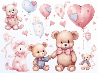 Set of teddy bears and balloon, party, Gifts, cute baby teddy bear. Draw vector illustration collection funny bear with pink heart for valentine's day. Watercolor style
