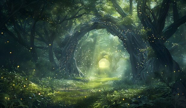 Fantasy forest with a magical tunnel made of trees, a fantasy landscape with green grass and glowing fireflies, a fantasy background depicting a magical environment