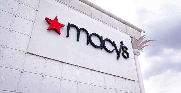 Macys sign, Pembroke Pines, Florida, USA - 6/10/2024: The front of the Macys store at Pembroke Pines Mall. Macys has been established since 1858 and is one of Americas oldest retailers.