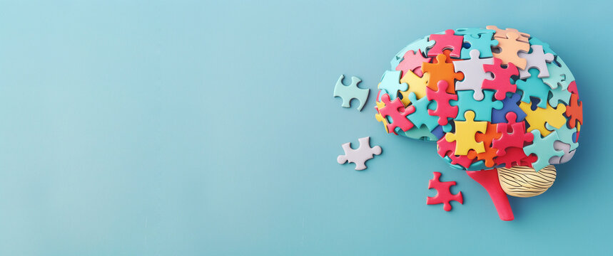 ADHD awareness month october, attention deficit hyperactivity disorder, mental health, brain with colorful jigsaw or puzzle pieces 