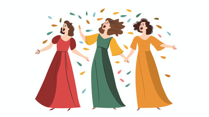 Three women celebrating, leaves confetti, happy expressive faces, elegant dresses, dancing pose. Group female friends colorful gowns hair down, joyous emotions, festive event illustration. Smiling