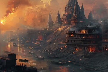 Striking art piece depicting a bustling, ancient city under a sky alight with embers