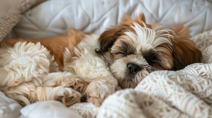 A cuddly Shih Tzu puppy curled up asleep on a cozy bed, isolated on a clean background