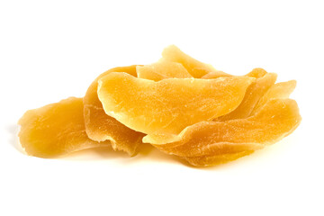 Dried mango pieces, isolated on white background