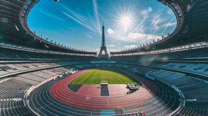 A large, modern sports stadium with a running track, empty seats, and the Eiffel Tower in the background, illuminated by the morning sunlight.