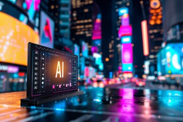 Obraz premium AI lightbox in cityscape, digital art, technology innovation, artificial intelligence, high tech visuals, cyberpunk theme, modern design