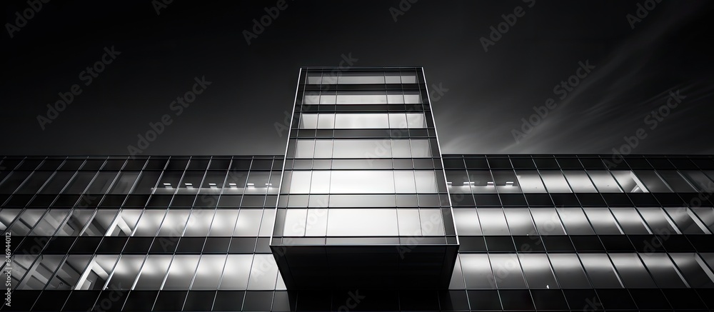Poster Modern office building showing a clear view of a clock on its front facade in black and white tones. with copy space image. Place for adding text or design
