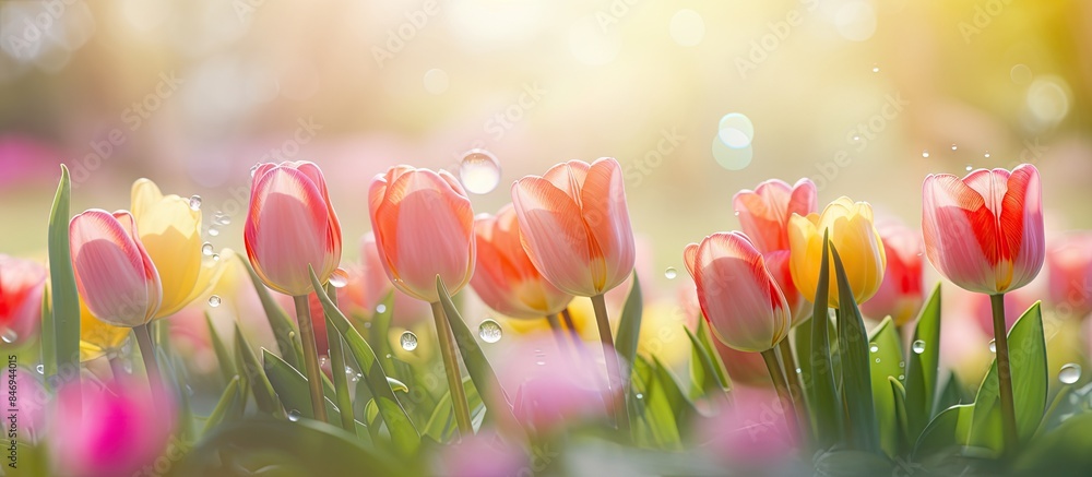 Aufkleber pink and yellow tulips fill the field, glistening with water droplets from the sprinkler. with copy 