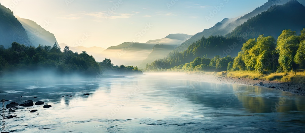 Aufkleber scenic river scene with misty morning atmosphere and mountains in the background. with copy space im