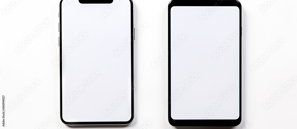 Poster Two modern black and white smartphones with empty screens placed on a clean white table. with copy space image. Place for adding text or design