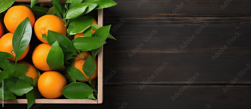 Leinwandbilder fresh organic tangerines with green leaves arranged in a wooden box against a gray background, top v