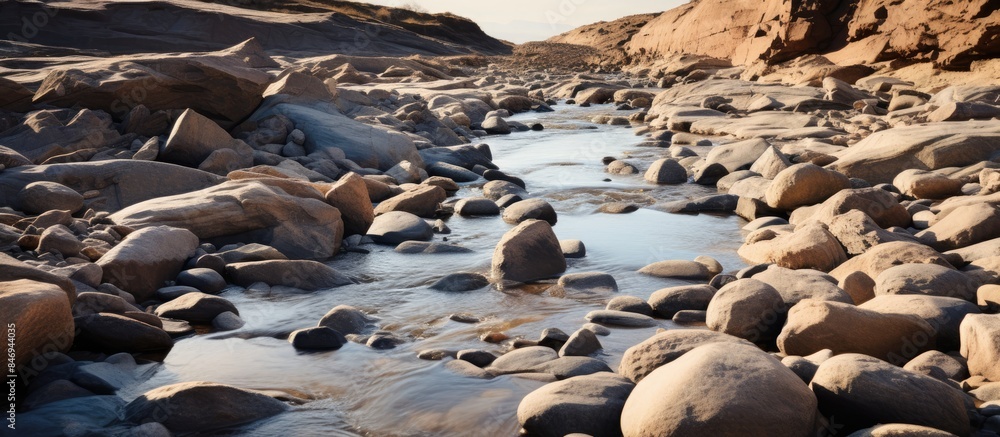 Poster Water flowing through a rocky river bed with scattered rocks and sand in a dry river. with copy space image. Place for adding text or design