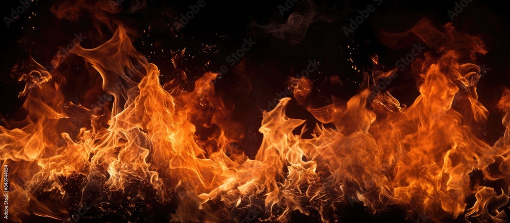 Poster Intense flames flicker in the heat against a dark background, creating a striking visual contrast. with copy space image. Place for adding text or design