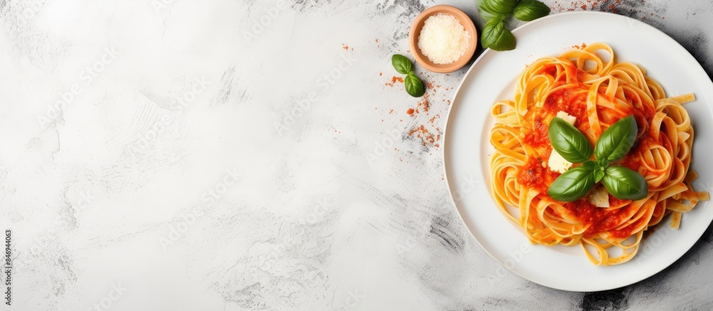 Poster delicious italian tagliatelle pasta with tomato sauce, cheese, parmesan, and fresh basil served on a
