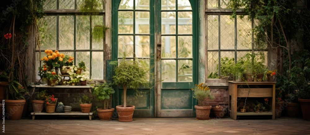 Poster Several pots of plants arranged in front of a glass window, adding a touch of nature indoors. with copy space image. Place for adding text or design