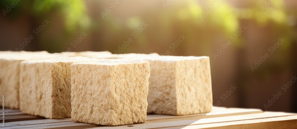 Poster Wooden planks arranged on top of each other on a table made of wood, creating a rustic display. with copy space image. Place for adding text or design