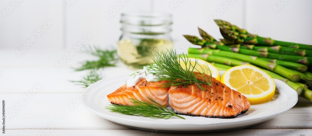 Aufkleber grilled salmon steaks with cooked asparagus, lemon, and yogurt dill sauce on a plate placed on a whi