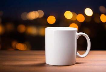 Obraz premium A white mug mockup sitting on a table against a blurred lights background