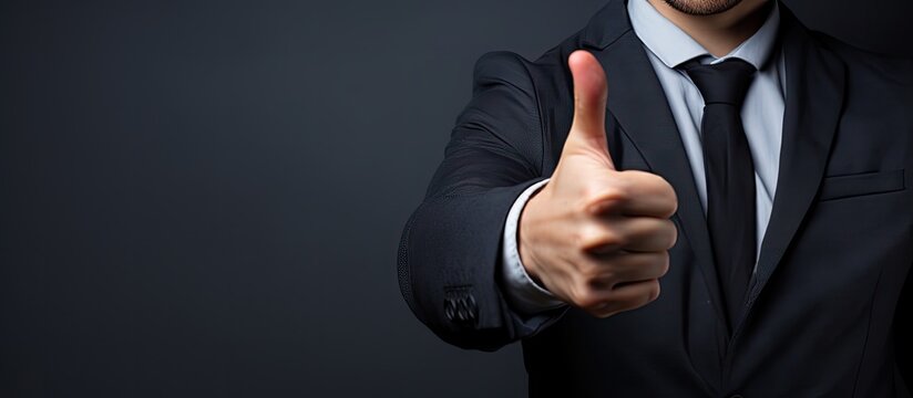 A gentleman dressed in a suit and tie displaying a positive thumbs-up gesture against a blackboard backdrop. with copy space image. Place for adding text or design