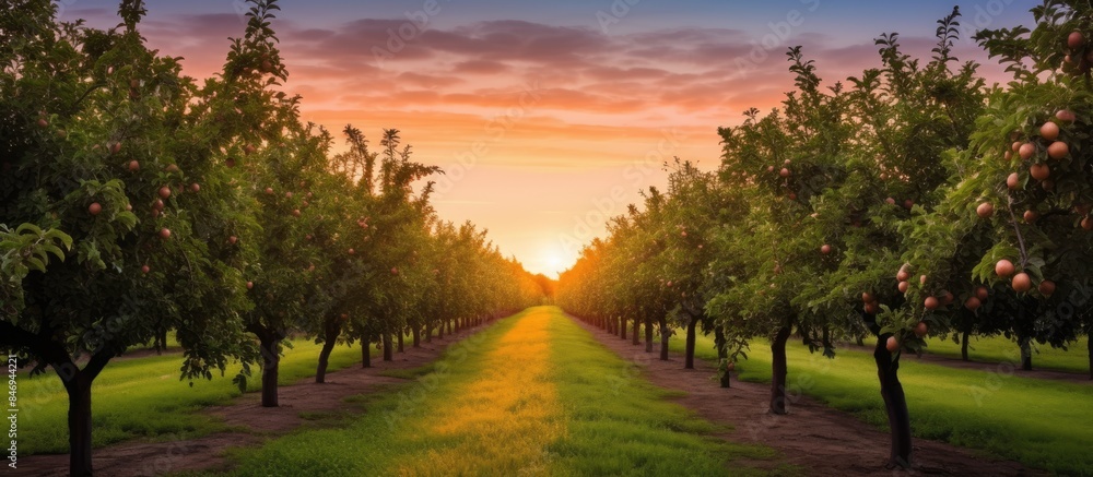 Poster dawn breaks over an orchard with meticulously aligned rows of apple trees bearing ripe fruit, creati
