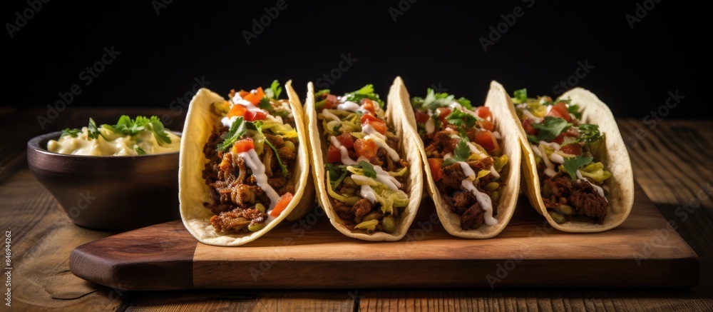 Poster tasty tacos filled with meat, cheese, and vegetables presented on a rustic wooden board. with copy s
