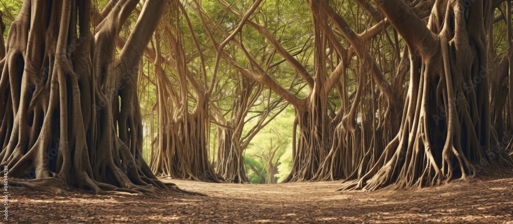 Aufkleber Lush forest with a path running under a canopy of trees creating a natural tunnel. with copy space image. Place for adding text or design