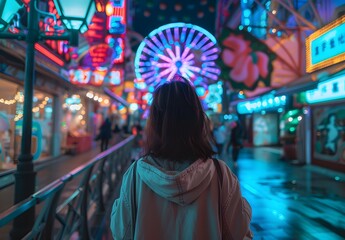 Fototapeta premium Cinematic photo of a boy looking at a Ferris wheel at a carnival