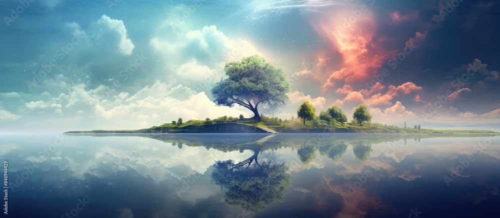 Poster Lone tree standing on a small island surrounded by the vast sky. with copy space image. Place for adding text or design
