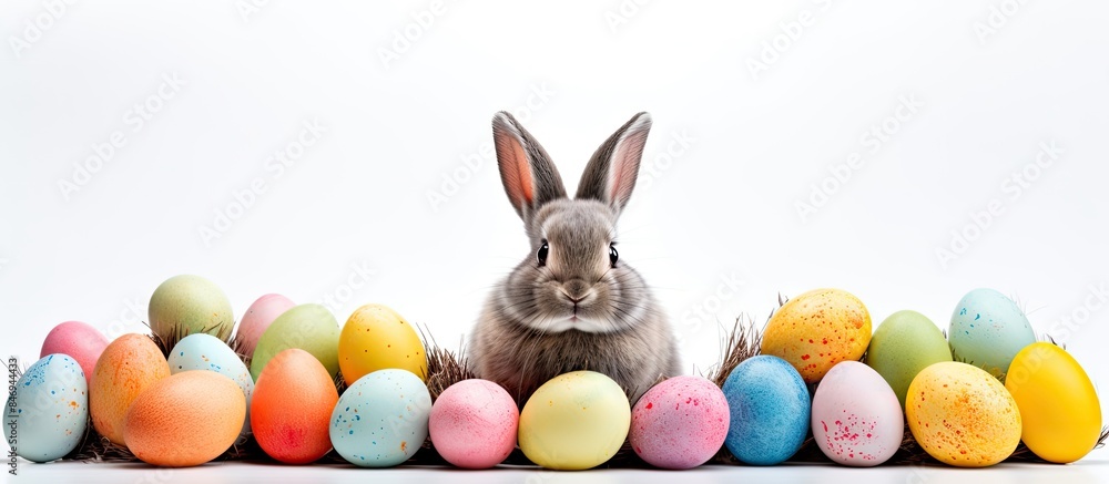 Fototapete Rabbit in a basket with colorful eggs and carrots on Easter day. with copy space image. Place for adding text or design