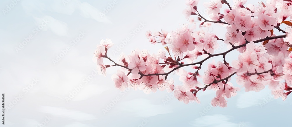 Poster blooming pink flower on tree branch contrasting against the clear blue sky in a serene setting. with