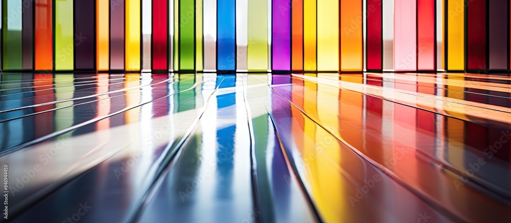 Poster vibrant glass wall adds color to room with reflective floor surface. with copy space image. place fo