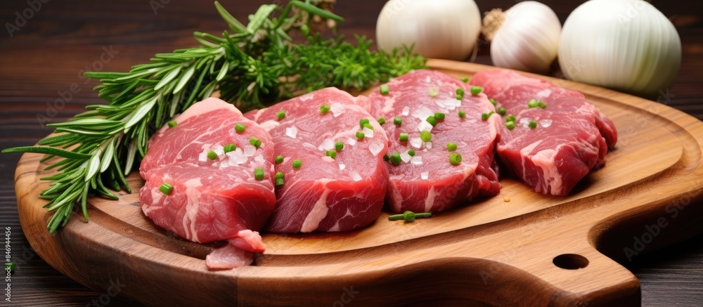 Fototapete raw beef and pork fillet pieces with garlic and herbs on a wooden surface, isolated on white backgro