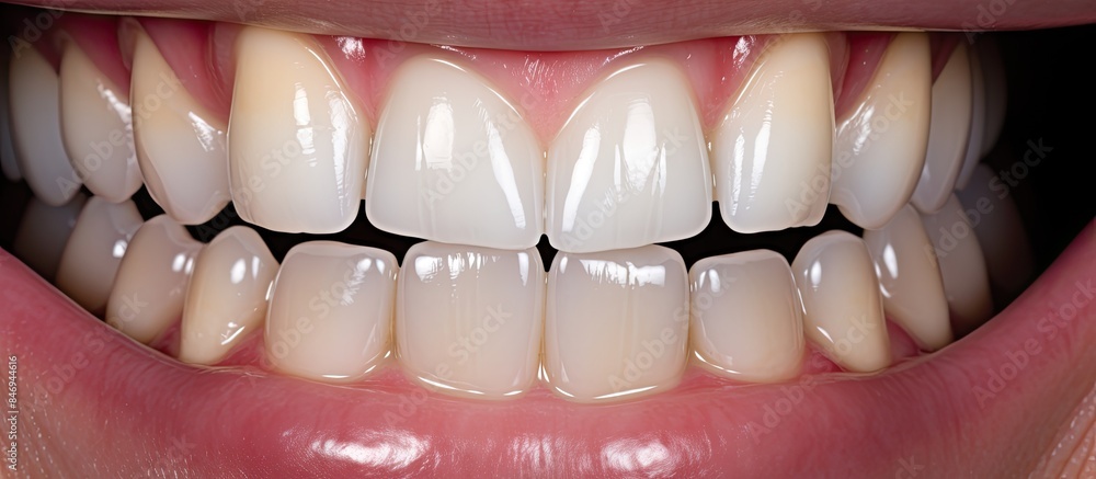 Aufkleber Enhancing a person's smile by placing porcelain laminated veneer on the teeth, resulting in perfectly aligned teeth. with copy space image. Place for adding text or design