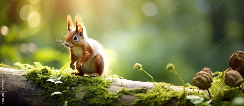 Poster A red squirrel is peacefully sitting on a tree branch in a serene forest setting. with copy space image. Place for adding text or design